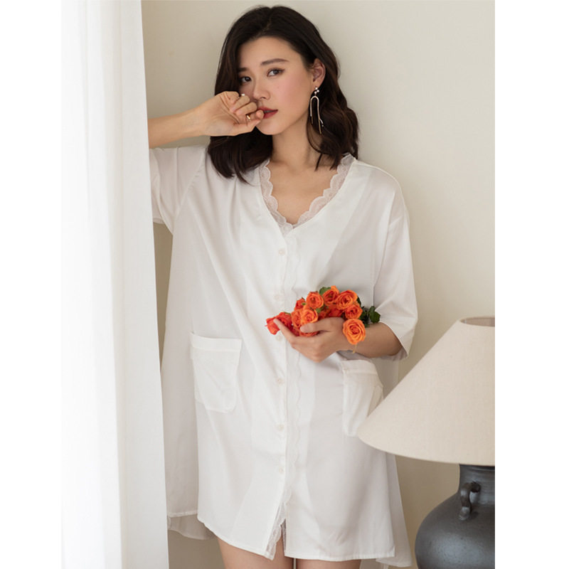性感睡衣2026春季男友风白衬衫女大码冰丝白色蕾丝长袖睡裙长款