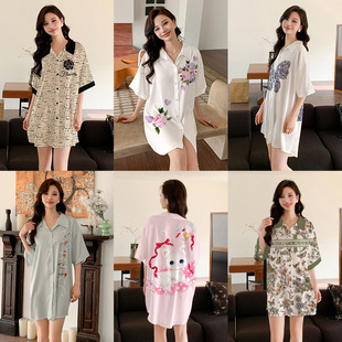 耀婷睡衣女夏新款 翻领睡裙女宽松丝绸家居服3197集合跨境 冰丝开衫