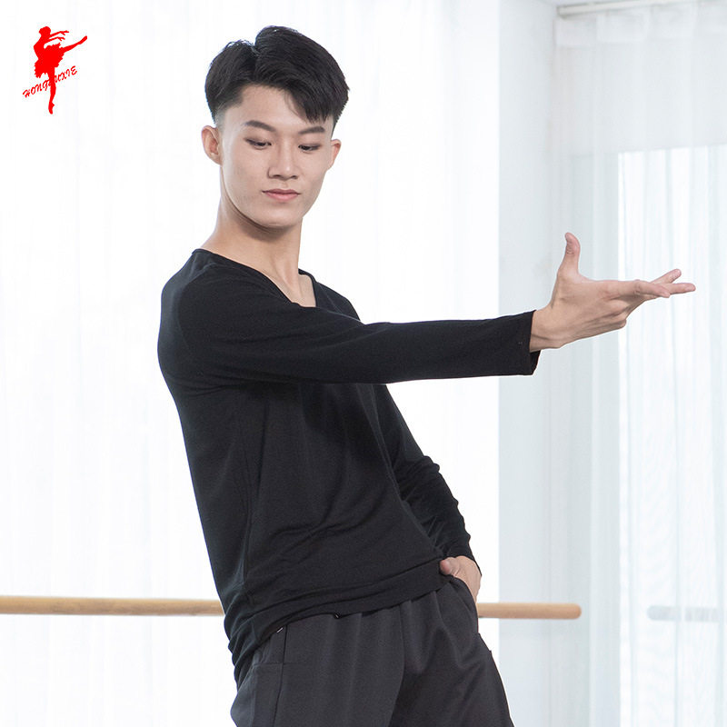 红舞鞋男V领舞蹈练功长袖上衣健身拉丁舞上衣练功健美操服运动