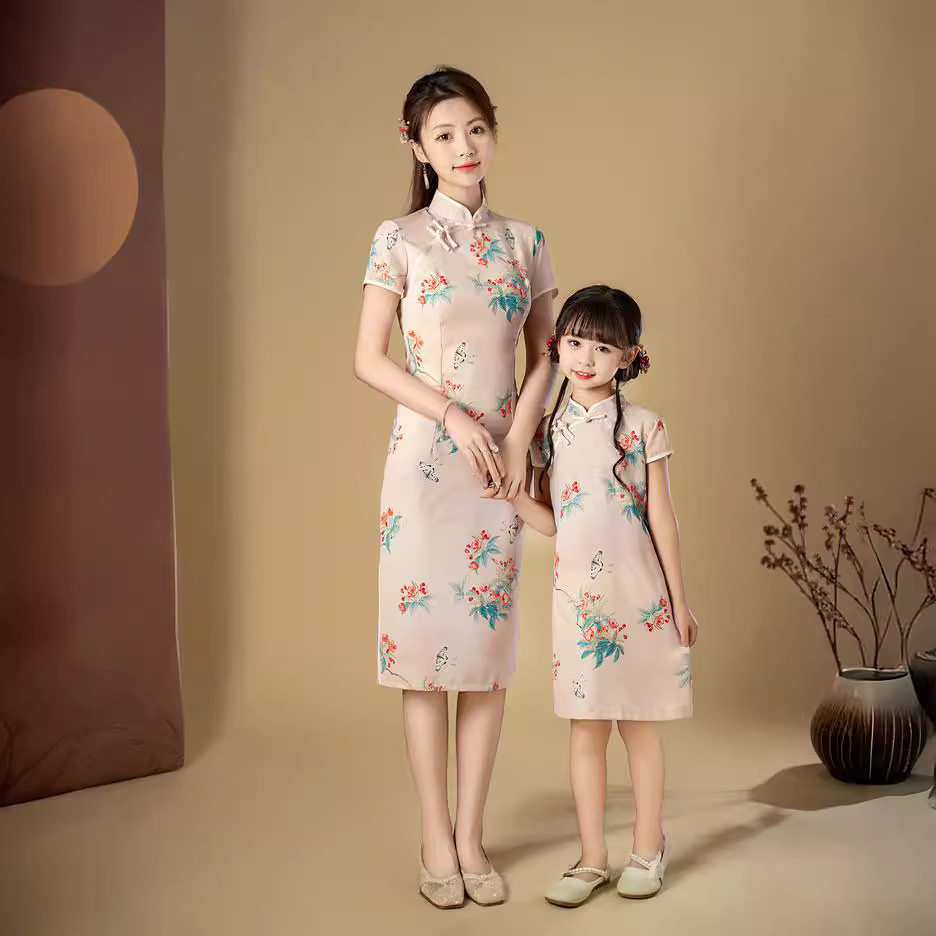 亲子装旗袍2026连衣裙中国风夏季洋气夏年轻旗袍天丝麻裙母女