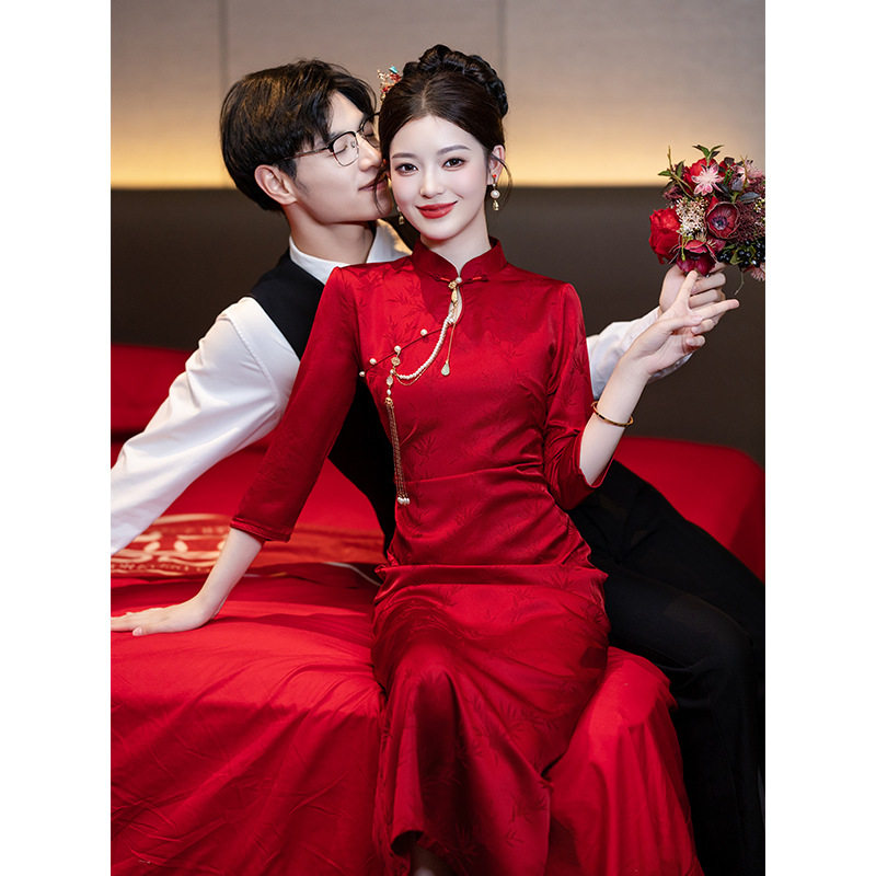 酒红色旗袍敬酒服新娘2026新款新中式订婚宴礼服裙年轻款结婚女装
