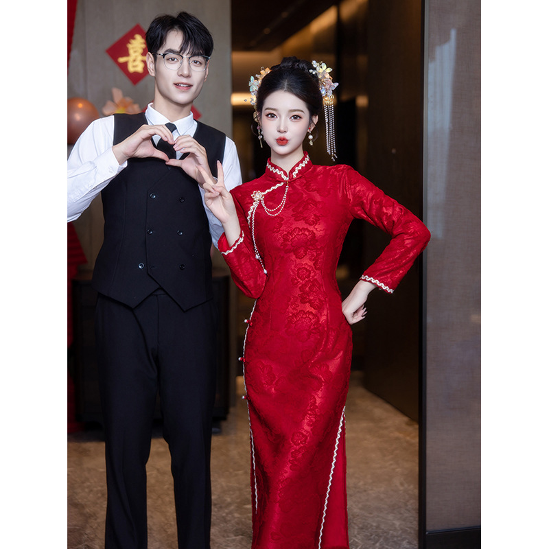 敬酒服新娘旗袍秋冬长袖2024新款红色改良提花新中式结婚订婚