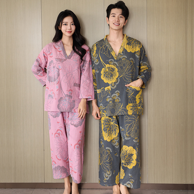 芈竹 纯棉复古长款家居睡衣女款汗蒸服情侣款大码男款浴衣桑拿服