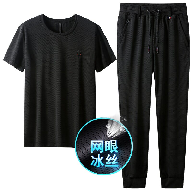 夏季男士短袖套装超薄款冰丝运动休闲套装男裤子大码衣服二件套