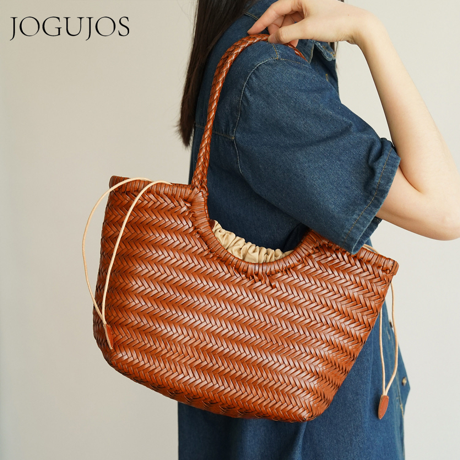 JOGUJOS新款法式手提包真皮手工编织子母包休闲多功能菜篮子包包