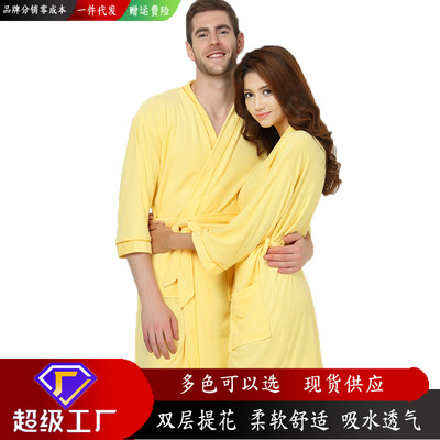 春季亚马逊纯棉短款游泳吸水浴袍情侣七分袖毛巾料汗蒸服浴衣薄款