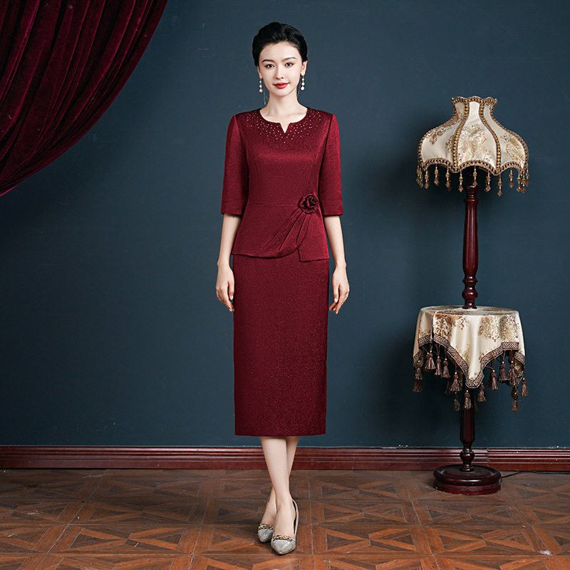 妈妈婚宴喜服连衣裙红色喜婆婆婚宴装旗袍结婚礼服喜庆大码裙子