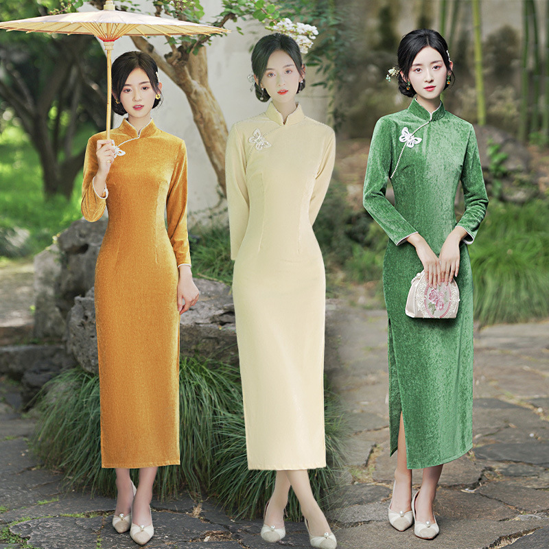 2021秋冬新品加厚雪丝绒长款旗袍改良版连衣裙日常显瘦女旗袍