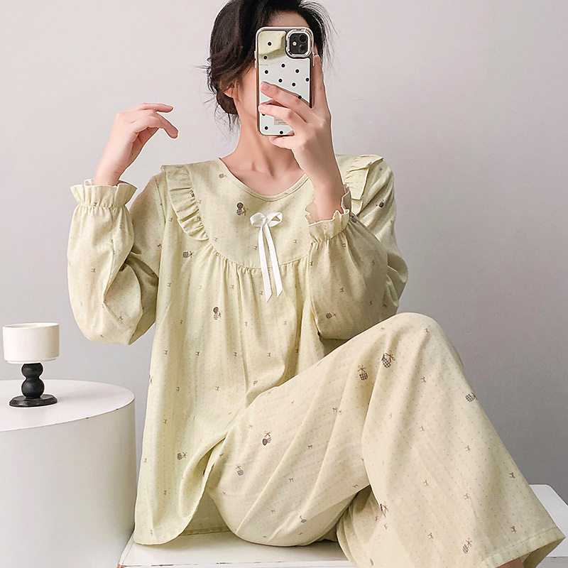 平纹棉纱睡衣女韩版秋季纯棉纱布双层长袖长裤圆领休闲家居服套装