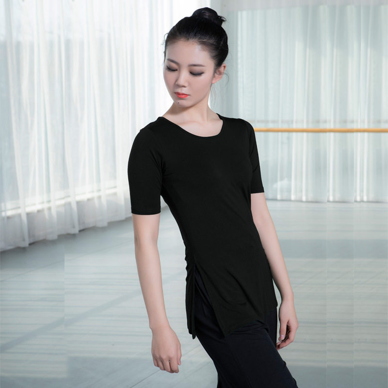 红舞鞋现代舞蹈服女成人短袖练功服民族民间舞开衩广场舞服装瑜伽