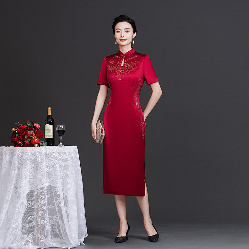 中式复古立领长旗袍裙婚宴妈妈装喜婆婆结婚礼服大码中国风