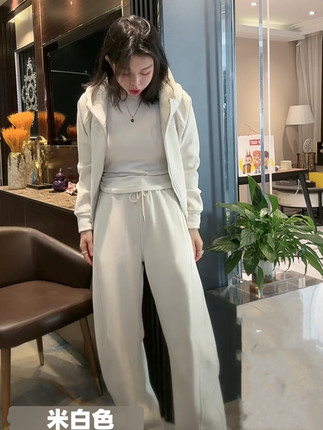 加绒连帽长袖衫休闲裤两件套装高级感减龄保暖卫衣弯刀阔腿卫裤女