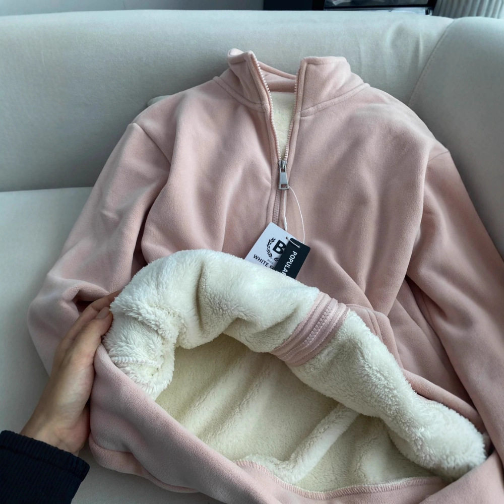 粉色摇粒绒外套女秋冬加绒加厚羊羔毛冲锋衣内胆保暖立领防寒上衣