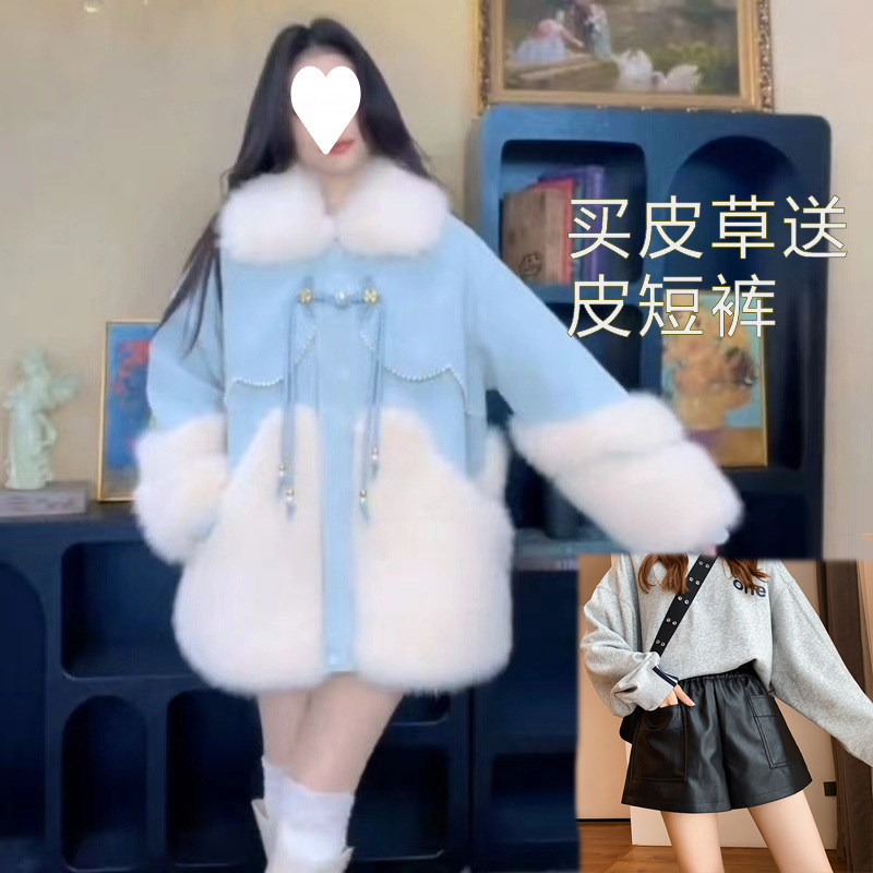 套装牛仔拼接毛绒派克服女2025冬季新款设计感超好看皮毛一体外套