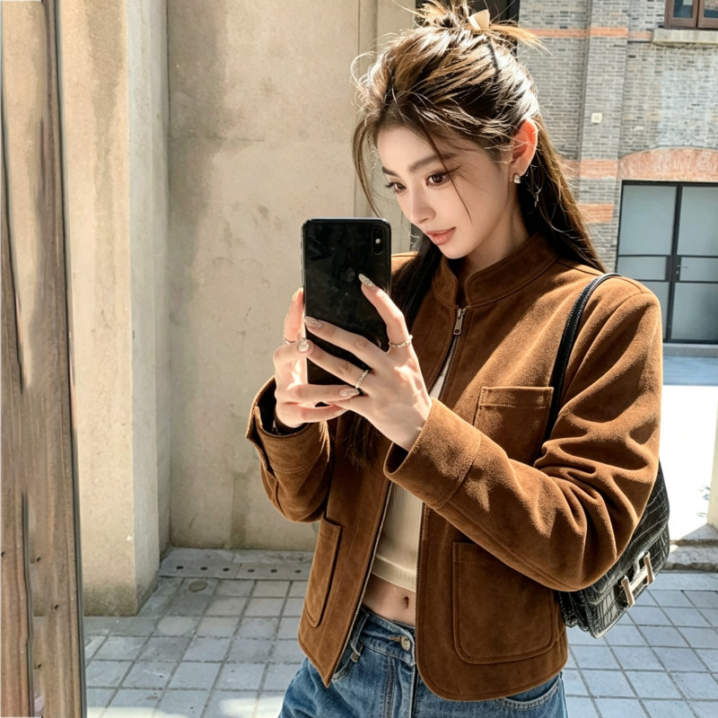 女时髦绒面夹克进口绒面拉链复古老钱风混种反绒正肩立领皮衣外套图片