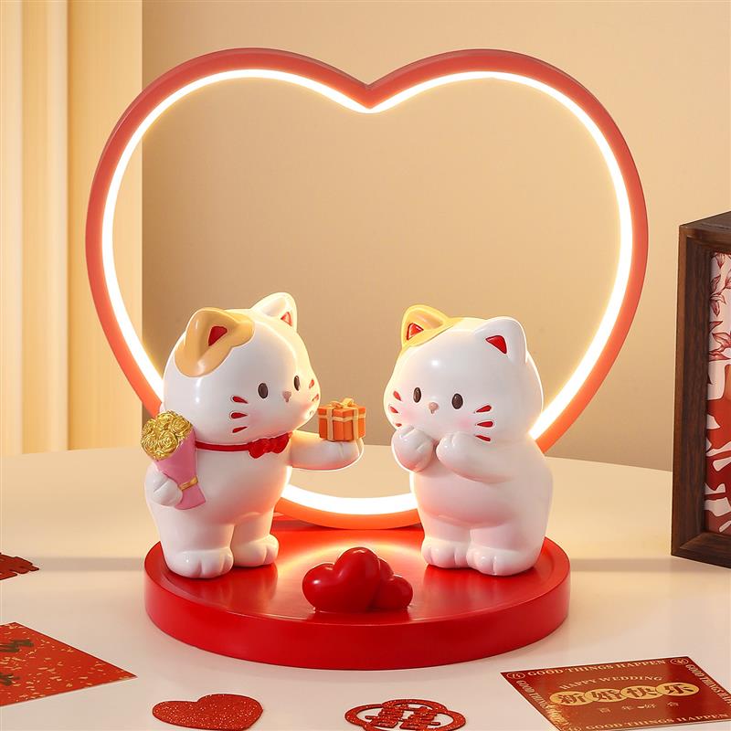 氛围情侣小猫咪摆件长明灯婚房卧室新婚喜庆感装饰订婚床头柜礼物
