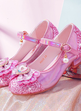 女童鞋舞台水晶鞋粉色爱莎公主鞋新款皮鞋银色模特走秀儿童高跟鞋