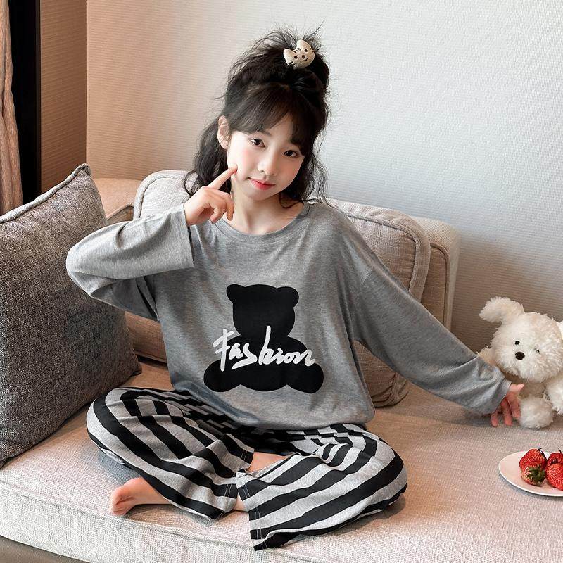 女童睡衣莫代尔套装春秋季2025新款薄女孩卡通中大儿童空调家居服