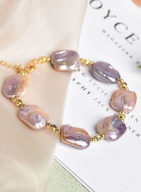 水之泪天然淡水珍珠手链紫色巴洛克方块12-14mm异形不规则14k包金