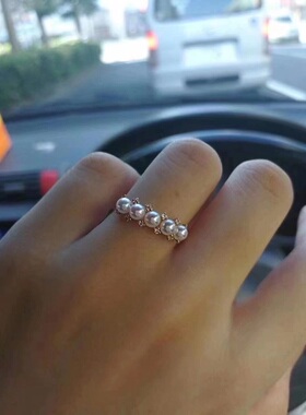 珍貅天然淡水珍珠戒指14k包金花冠小排戒3-4mm扁圆馒头珠可调节