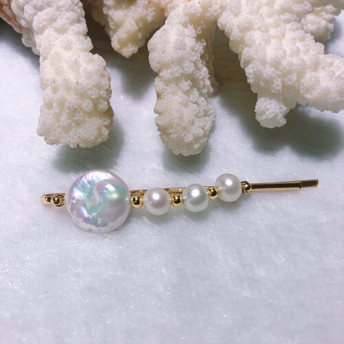 水之泪天然淡水珍珠发夹14k注金12-14m巴洛克纽扣6-7近圆头饰百搭