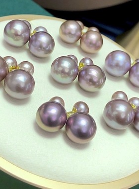 迪家同款大小天然淡水爱迪生珍珠5-10mms925银双珠耳钉款韩版简约