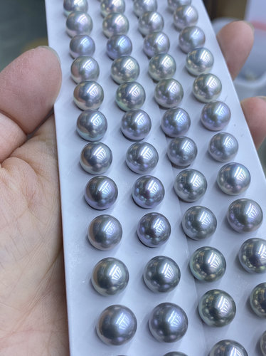 水之泪天然淡水珍珠铂金灰9-11mm圆形爱迪生有核强光有瑕颗粒裸珠