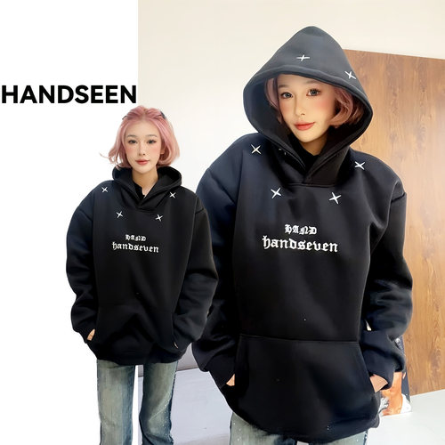 HandSeven潮牌美式高街刺绣星星连帽卫衣新款宽松慵懒风休闲外套