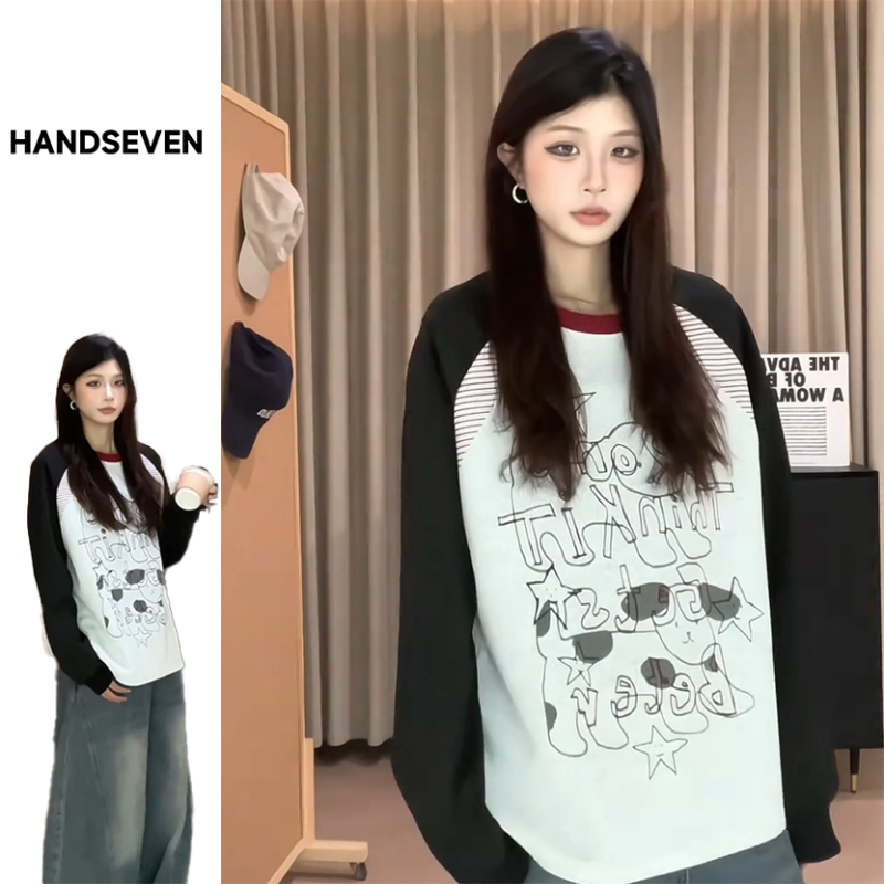 HandSeven个性简约卡通小狗印花长袖圆领卫衣拼接休闲情侣上衣ins