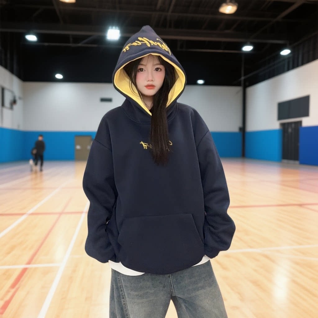 HandSeven美式字母刺绣重磅连帽卫衣秋冬新款潮牌情侣加绒帽衫潮