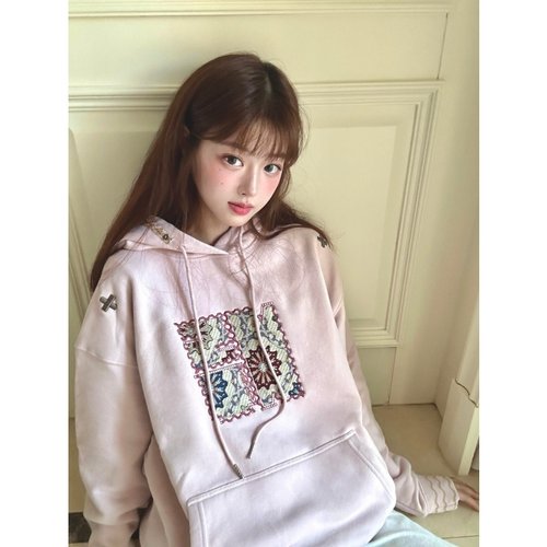 HandSeven韩系刺绣粉色连帽卫衣