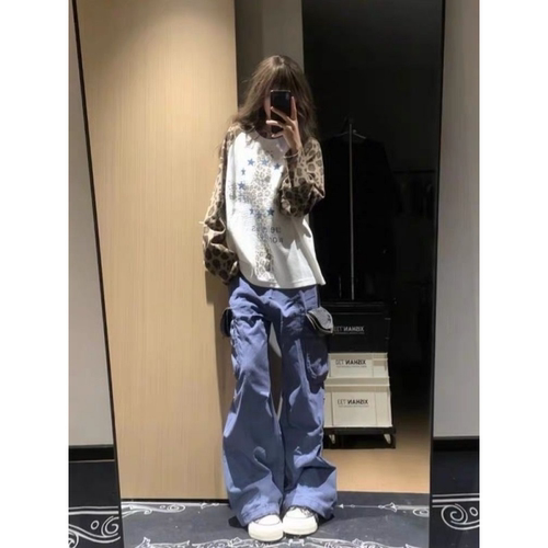 HandSeven美式撞色豹纹长袖t恤秋冬华夫格高街休闲拼接早秋上衣服