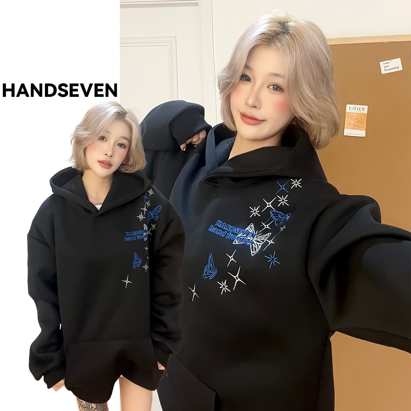 HandSeven潮牌字母刺绣连帽卫衣