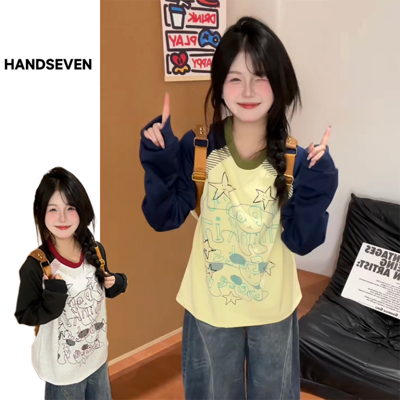 HandSeven趣味撞色卡通小狗印花长袖卫衣秋冬拼接休闲情侣装上衣