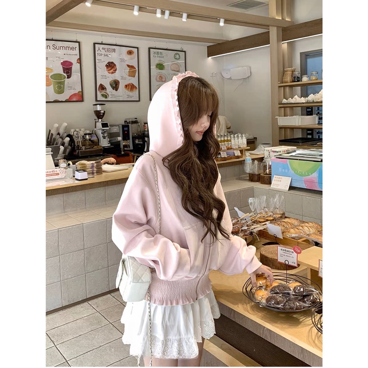粉色拉链连帽卫衣外套秋季美式慵懒宽松木耳边帽衫长袖上衣开衫