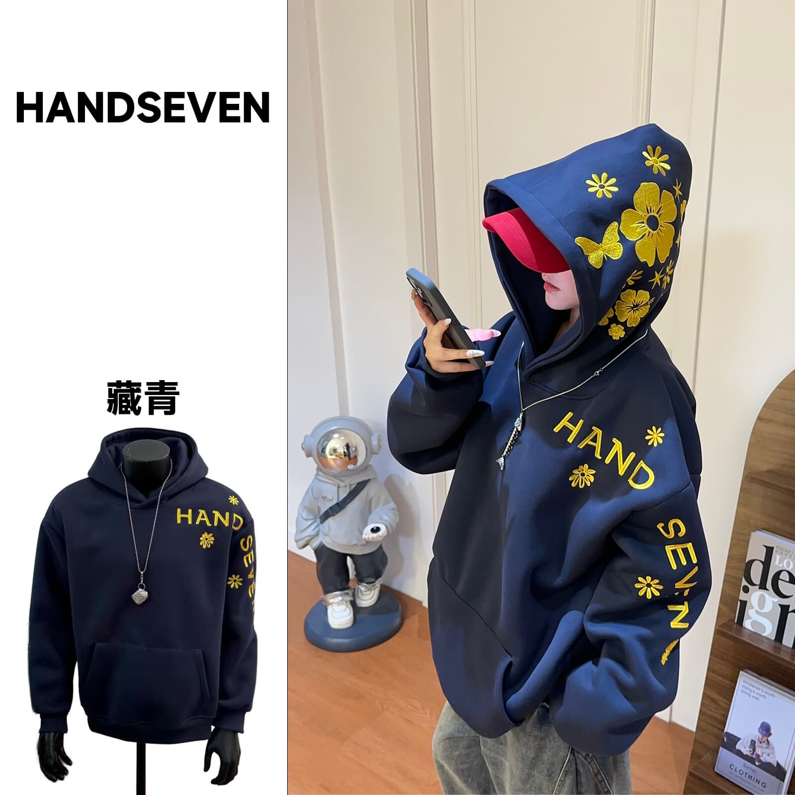 HandSeven美式复古帽子花卉刺绣重磅连帽卫衣潮流宽松休闲帽衫