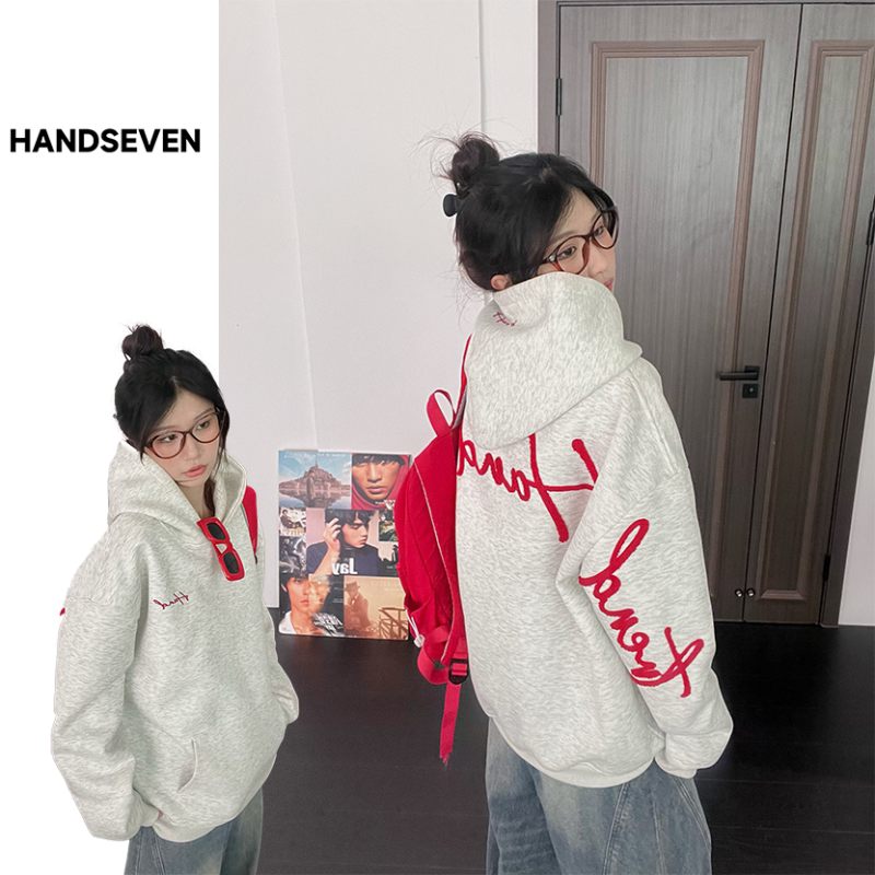 HandSeven重磅加绒保暖字母刺绣连帽卫衣秋冬季情侣高街套头上衣