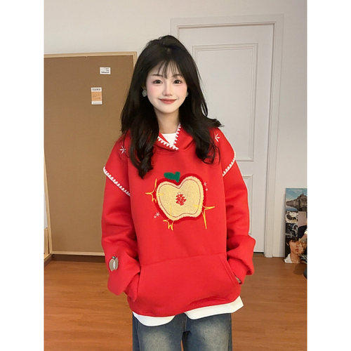 秋冬加绒美式苹果刺绣连帽卫衣