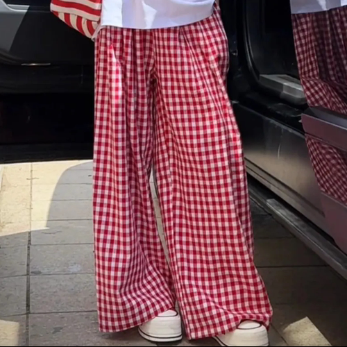 休闲韩系HandSeven格子直筒裤