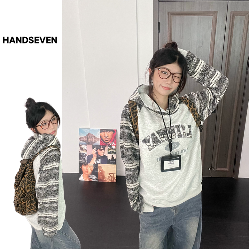 HandSeven重磅秋冬季2026撞色条纹宽松贴布韩版刺绣连帽卫衣上衣