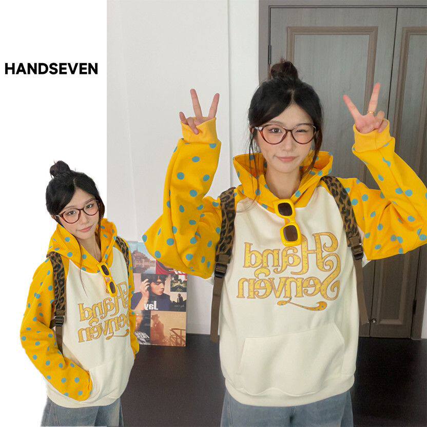 HandSeven韩式波点字母撞色连帽卫衣男女宽松插肩设计休闲外套