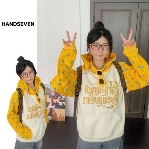HandSeven韩式波点字母撞色连帽卫衣男女宽松插肩设计休闲外套