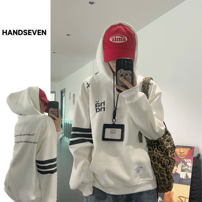 HandSeven韩版休闲条纹刺绣字母卫衣秋冬季高街情侣宽松连帽上衣