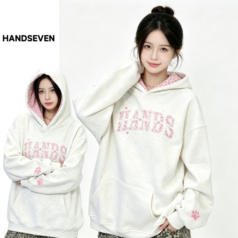HandSeven美式潮牌个性趣味豹纹刺绣字母秋冬季保暖连帽卫衣宽松