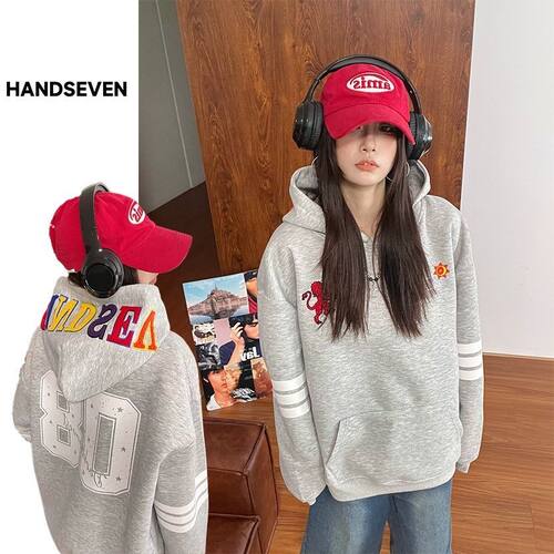 HandSeven国潮字母刺绣连帽卫衣秋冬男女高街显瘦百搭外套上衣ins