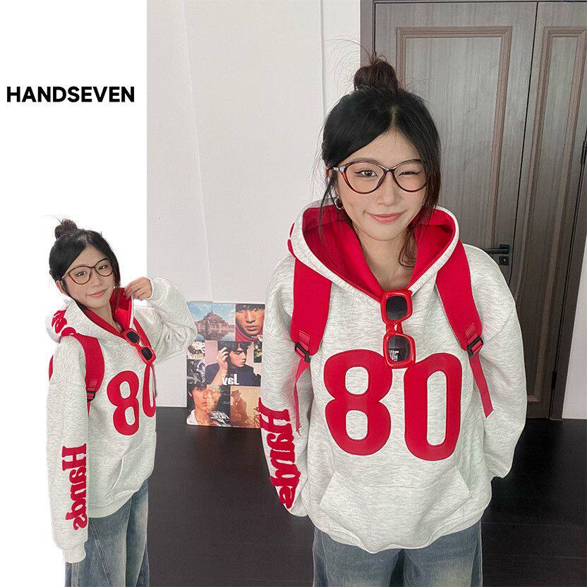 HandSeven美式原创贴布绣情侣外穿连帽卫衣秋冬款小众套头帽衫