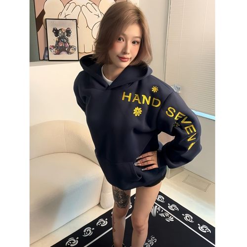 HandSeven美式高街风个性刺绣卫衣女2025新款秋冬国潮牌连帽外套