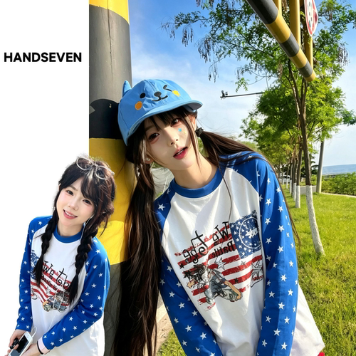 HandSeven国潮春秋季复古星星印花字母长袖插肩撞色T恤圆领上衣服