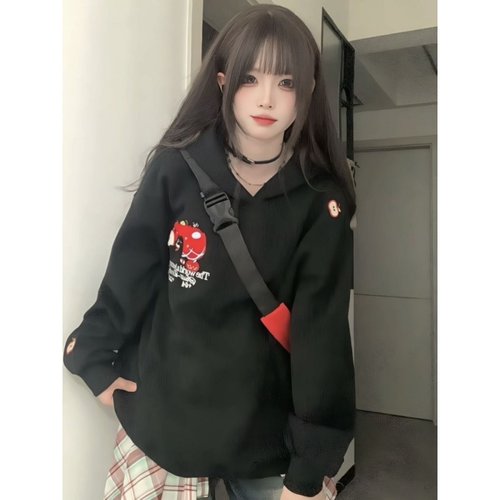 HandSeven美式高街小苹果刺绣连帽卫衣2025新款宽松休闲学生上衣