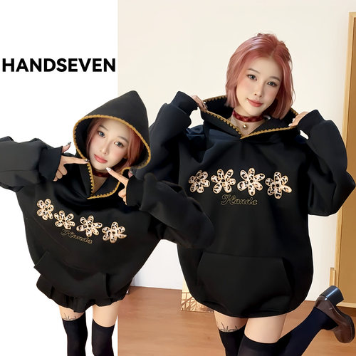 HandSeven潮牌花朵刺绣连帽卫衣